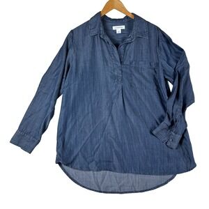 Liz Claiborne Womens M Denim Tunic Chambray Long Sleeve Western Boho Cottage
